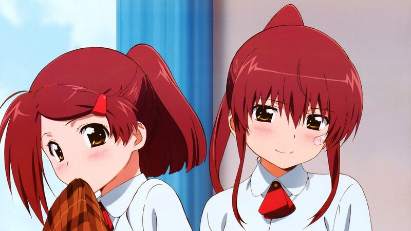 Two red-haired anime girls in school uniforms