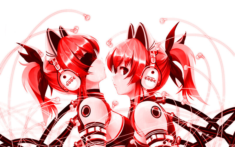 Two red-haired anime girls with headphones