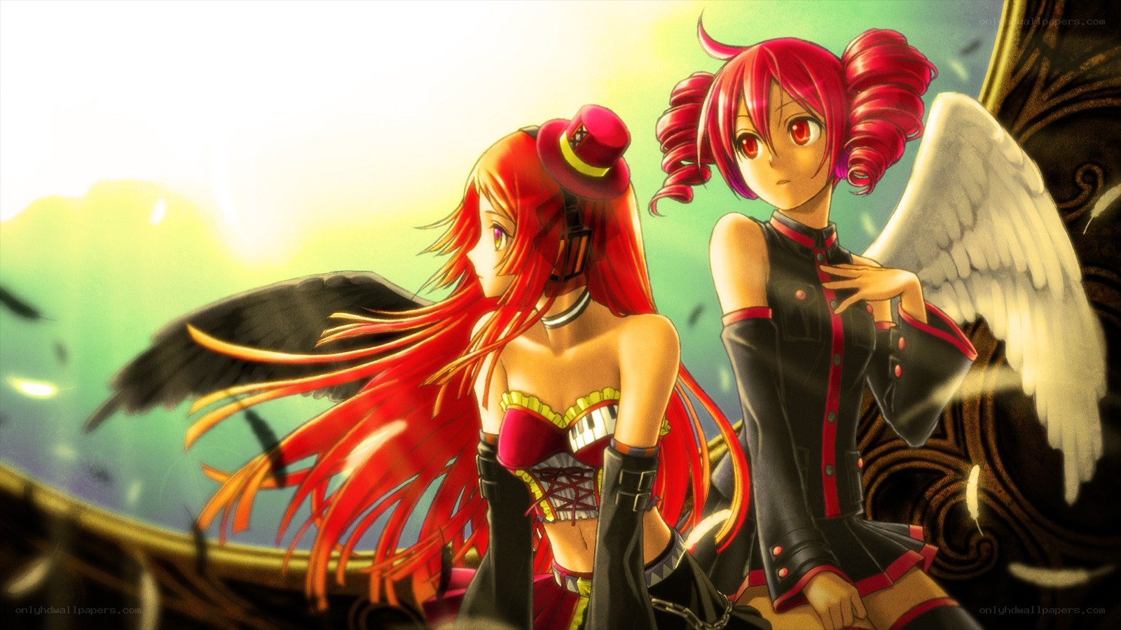 Two red-haired anime girls with wings