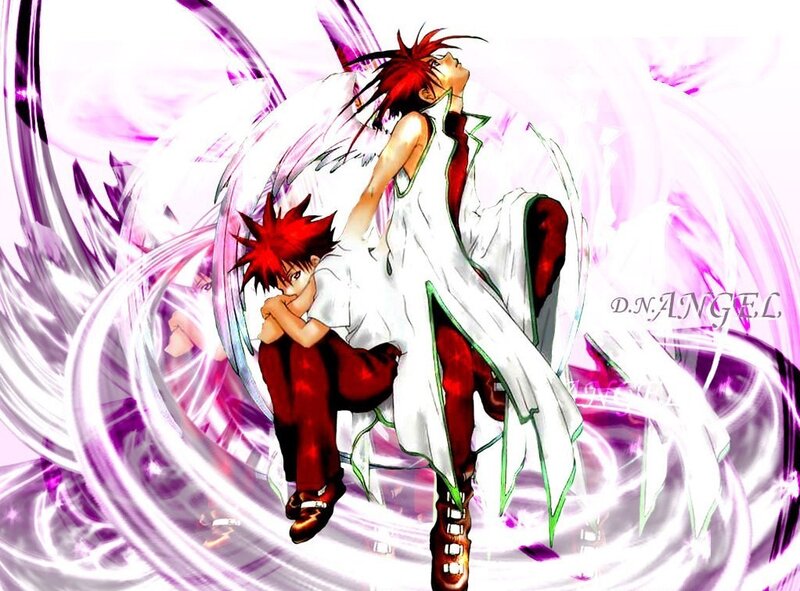Two red-haired characters in white and red attire