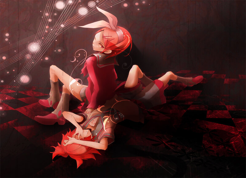 Two red-haired girls in a dark room