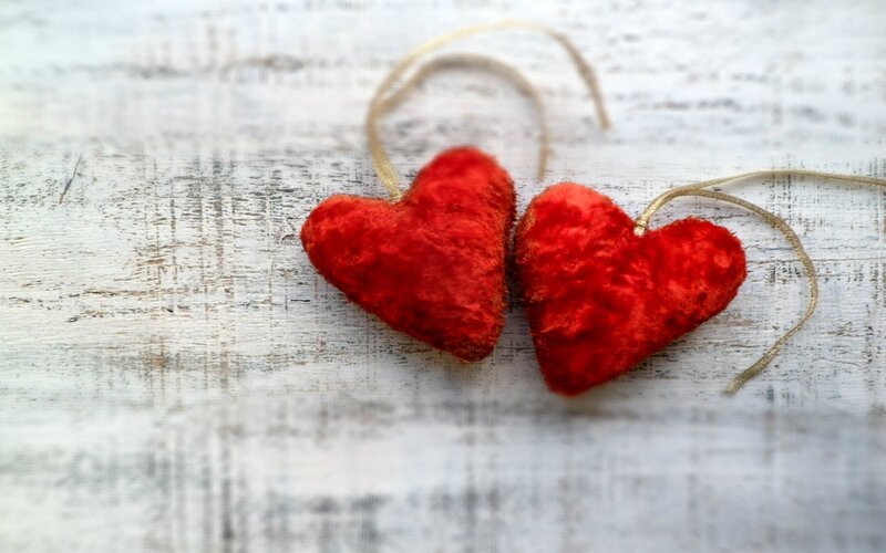 Two Red Heart Ornaments — Calm, Photograph, String