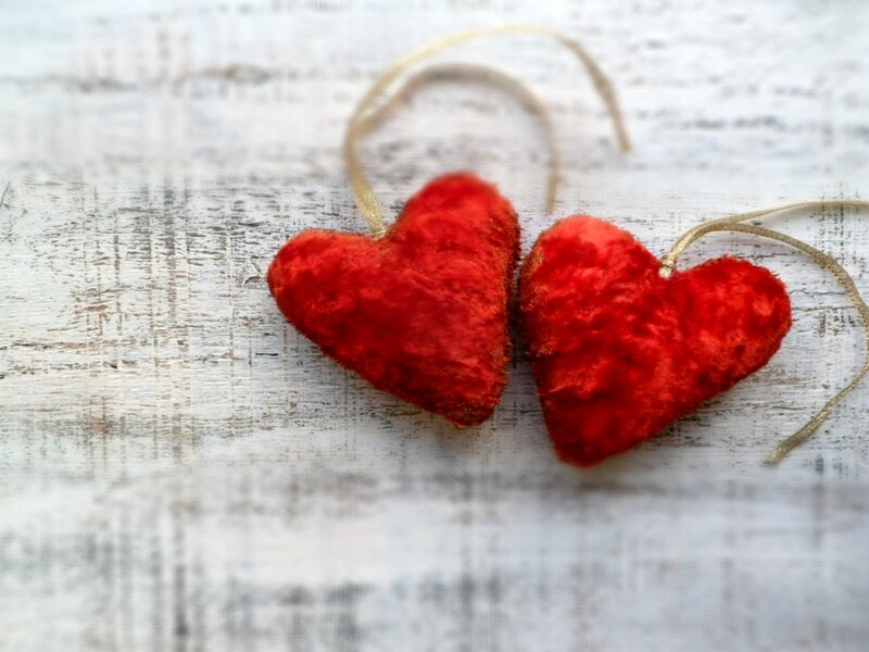 Two Red Heart Ornaments — Calm, Photograph