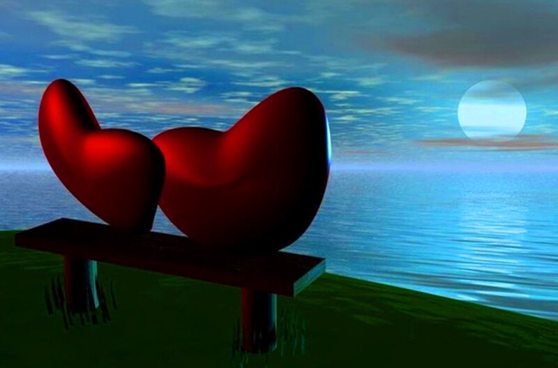 Two Red Hearts on Bench
