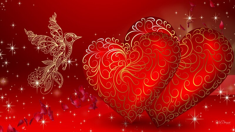 Two Red Hearts — Romantic, Digital Art, Bird