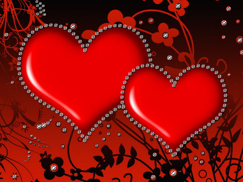 Two Red Hearts — Romantic, Digital Art, Flowers, Diamonds