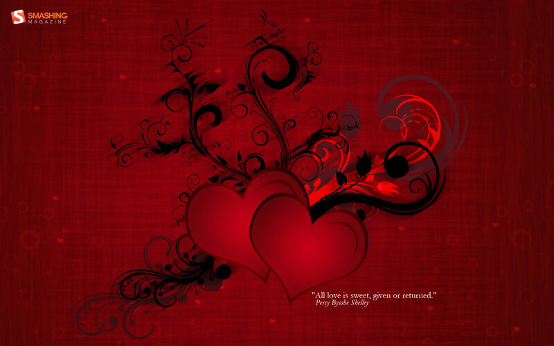 Two Red Hearts — Romantic, Digital Art, Flowers, Swirls, Quote