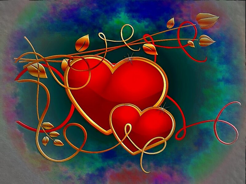 Two Red Hearts — Romantic, Digital Art, Leaves