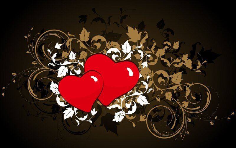 Two Red Hearts — Romantic, Vector Art, Flowers, Leaves, Swirls