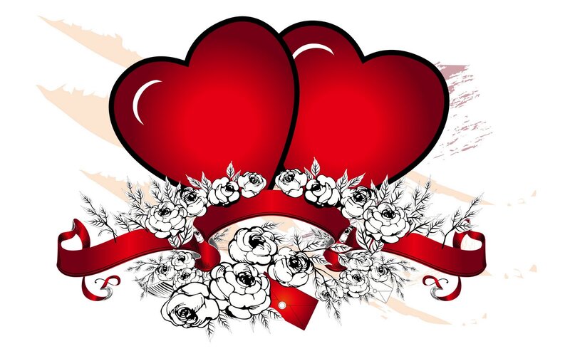 Two Red Hearts — Romantic, Vector Art, Flowers, Ribbon