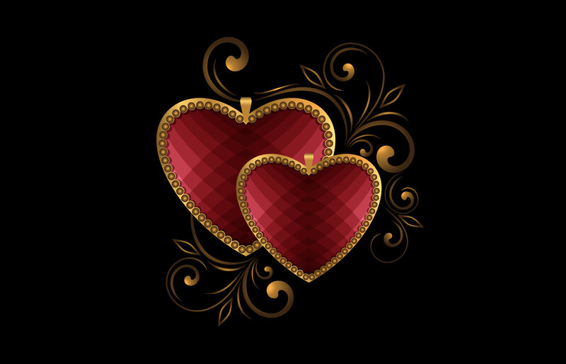 Two Red Hearts — Romantic, Vector Art, Gold Border, Swirls