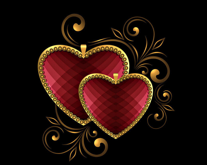 Two Red Hearts — Romantic, Vector Art, Gold Border