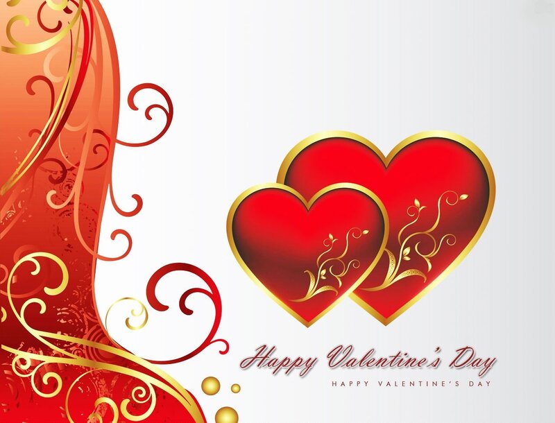Two Red Hearts — Romantic, Vector Art, Gold Swirls, Text