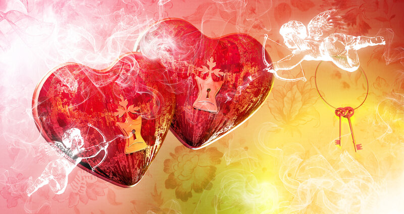 Two Red Hearts with Cupids