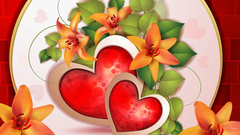 Two Red Hearts with Flowers — Romantic, Digital Art, Leaves