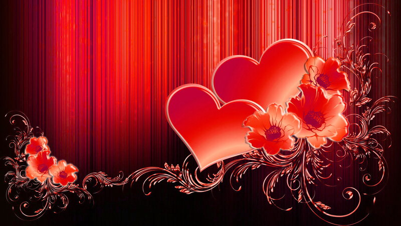 Two Red Hearts with Flowers — Romantic, Digital Art