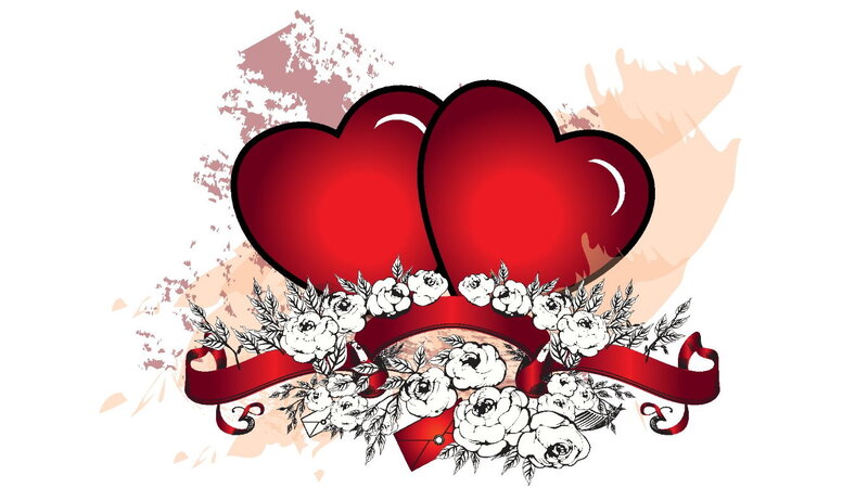 Two Red Hearts with Flowers — Romantic, Vector Art
