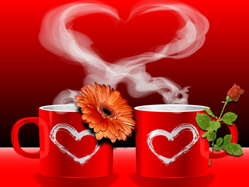 Two Red Mugs with Hearts — Romantic