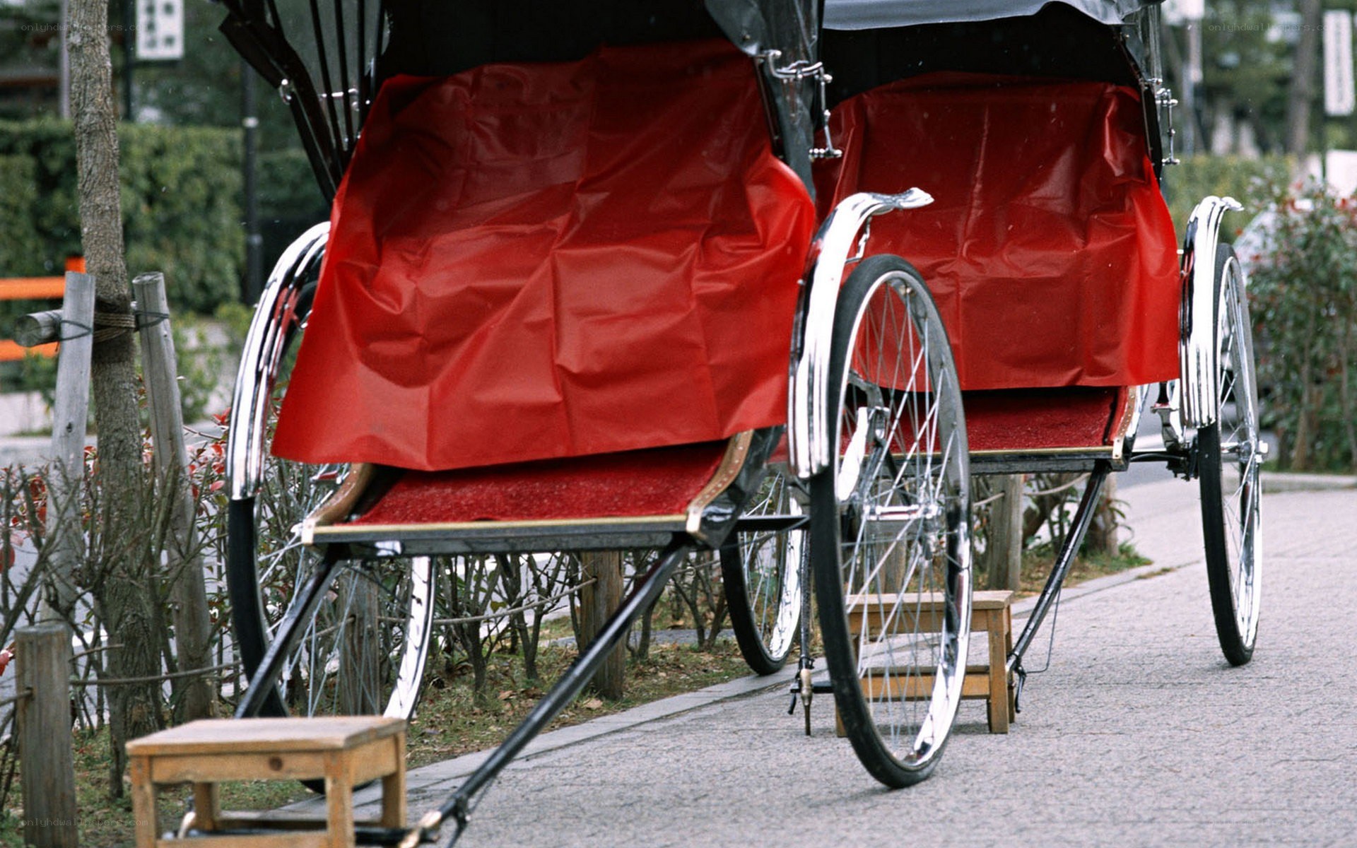 Two red rickshaws on a path