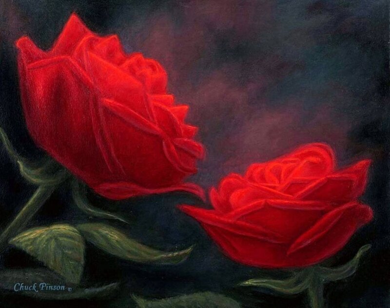 Two Red Roses — Dramatic, Painting, Leaves, Stem