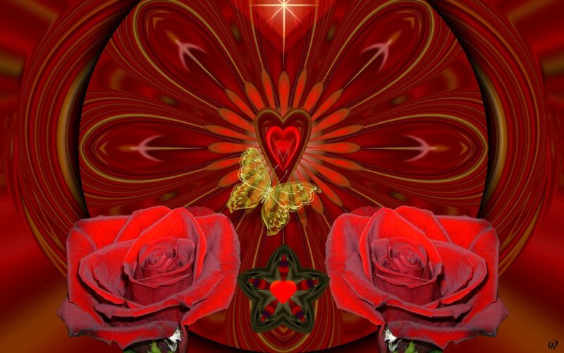 Two Red Roses — Romantic, Digital Art, Butterfly