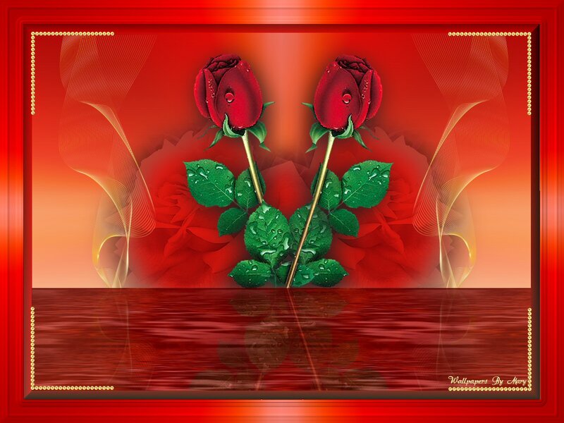 Two Red Roses — Romantic, Digital Art, Leaves