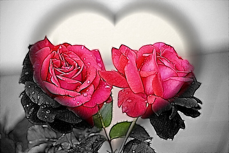 Two Red Roses — Romantic, Digital Art, Leaves, Water Droplets