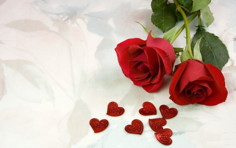 Two Red Roses — Romantic, Photograph, Heart-shaped Candies, Green Leaves