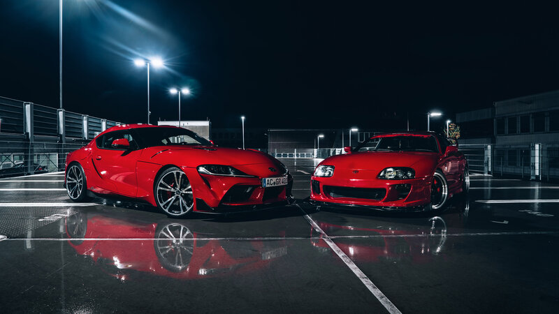 Two Red Sports Cars — Dramatic, Night