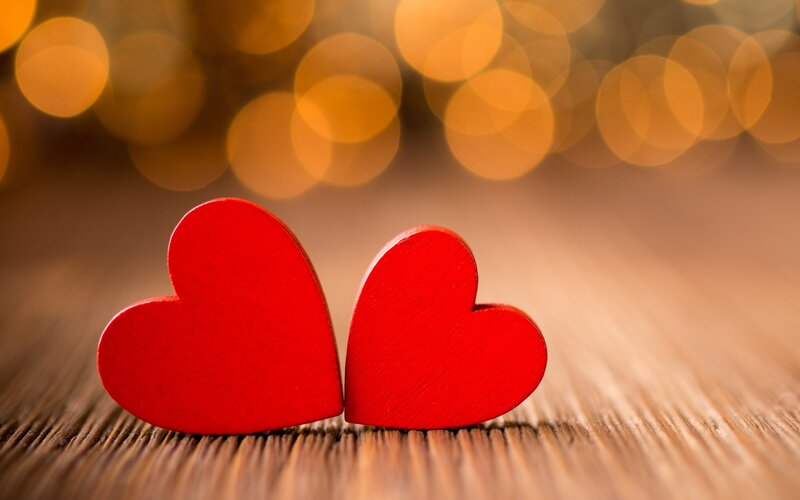 Two Red Wooden Hearts — Warm, Photograph