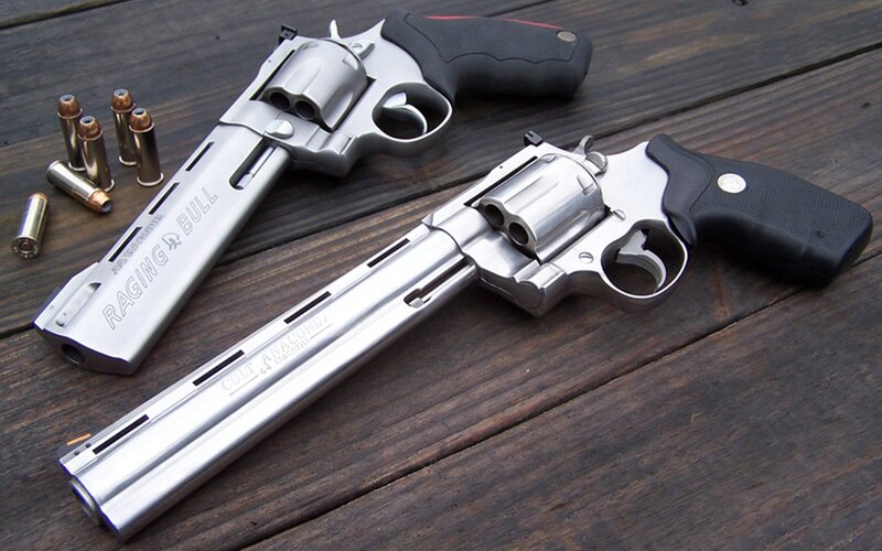 Two Revolvers on Wood — Silver, Neutral