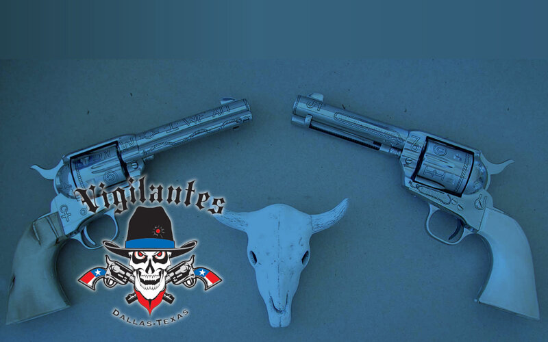 Two revolvers with skull logo