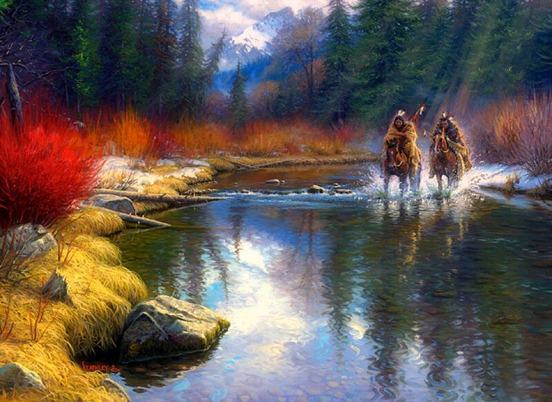 Two Riders Crossing River — Blue