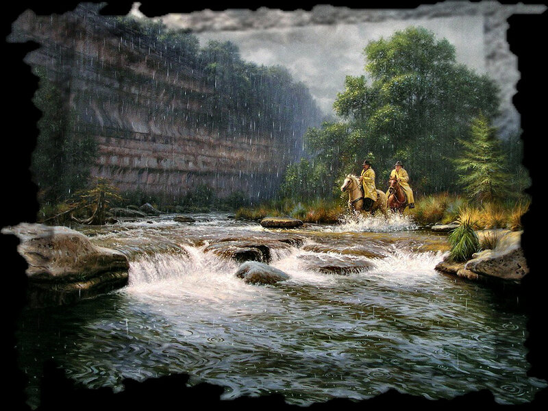 Two Riders Crossing River — Green