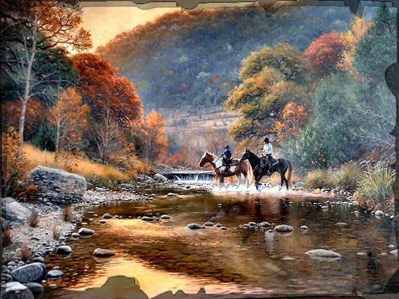 Two Riders Crossing River
