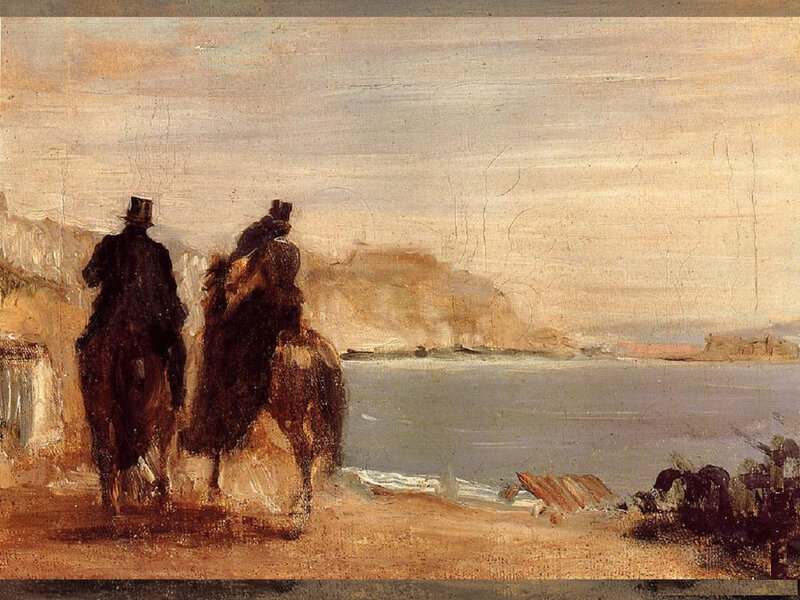 Two riders on a coastal path