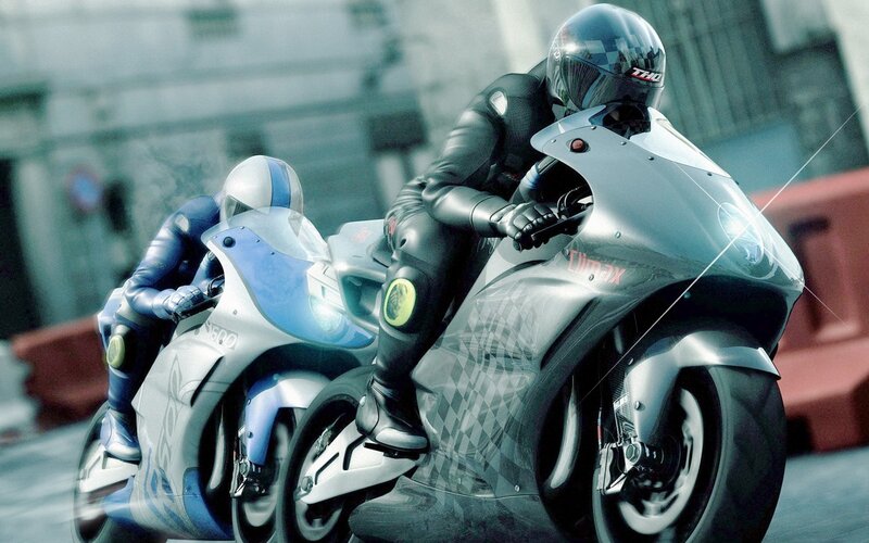 Two riders on futuristic motorcycles