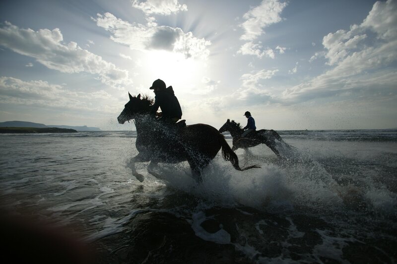 Two Riders on Horses — Black, Dramatic, Sunset, Photograph, Ocean