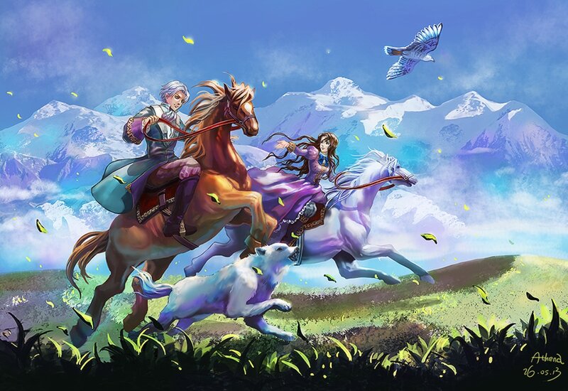 Two Riders on Horses — Blue