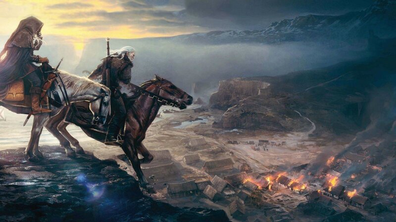Two Riders on Horses — Brown, Dramatic, Sunset, Digital Art, Village