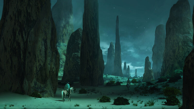 Two Riders on Horses — Green, Dramatic, Night