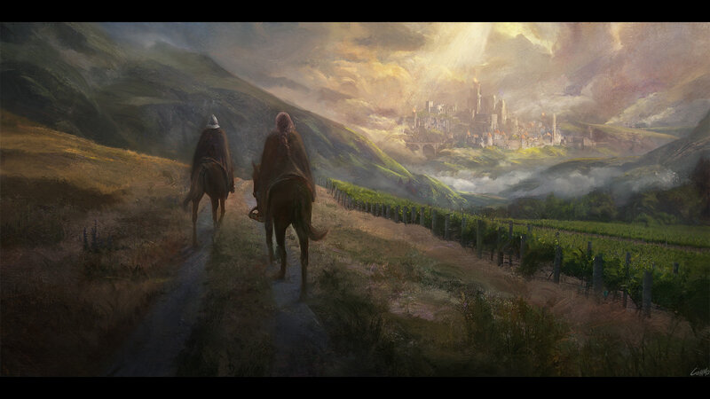 Two Riders on Horses — Green, Dramatic, Sunset