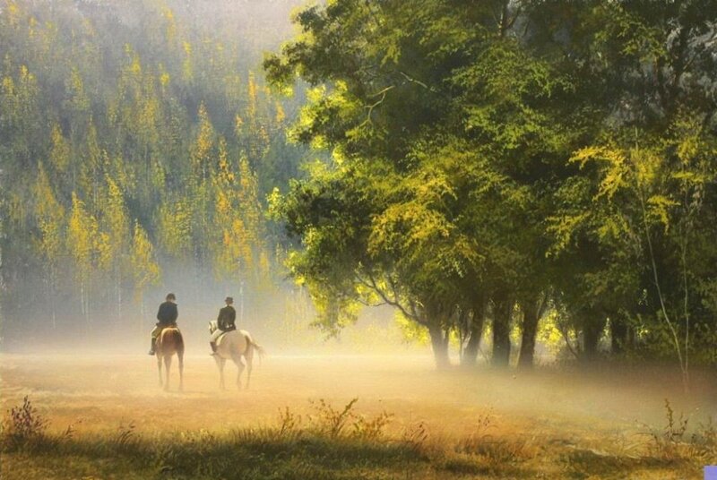 Two Riders on Horses — Green, Serene
