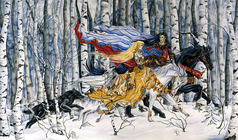 Two Riders on Horses — White