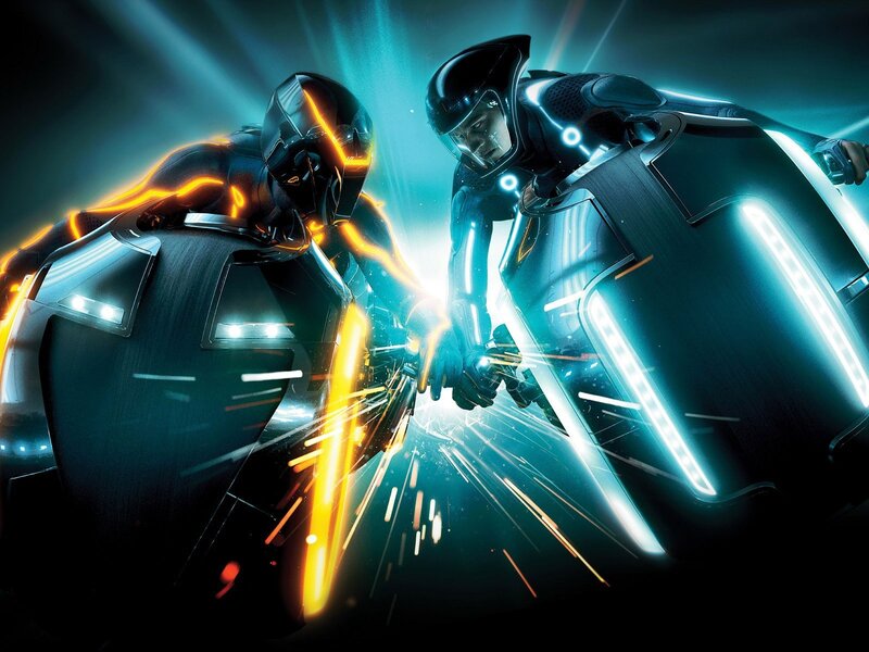 Two Riders on Light Cycles — Blue, Dramatic, Night, Digital Art, Light Cycles, Sparks, Helmets