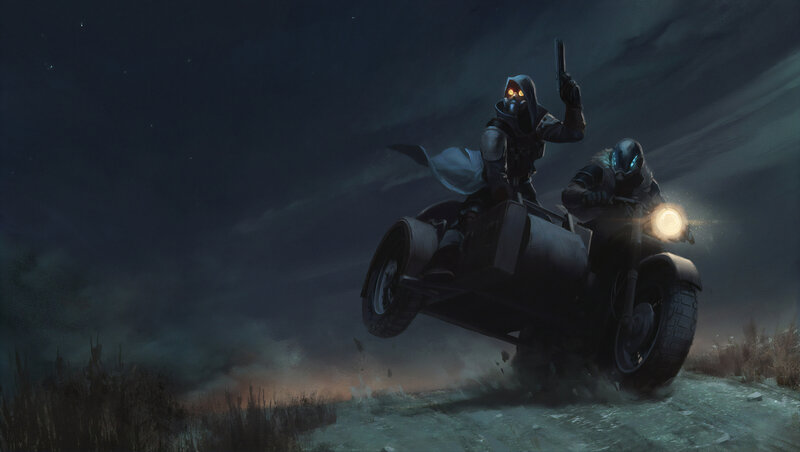 Two Riders on Motorcycle — Dark Blue