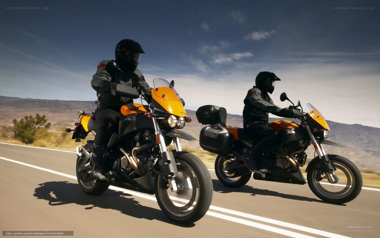 Two riders on orange motorcycles