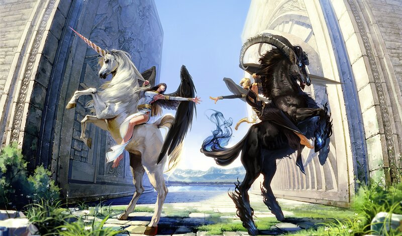 Two Riders on Unicorns — White