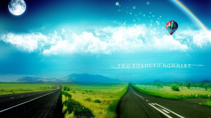 Two Roads to Nowhere — Blue, Serene, Night, Digital Art, Hot Air Balloon
