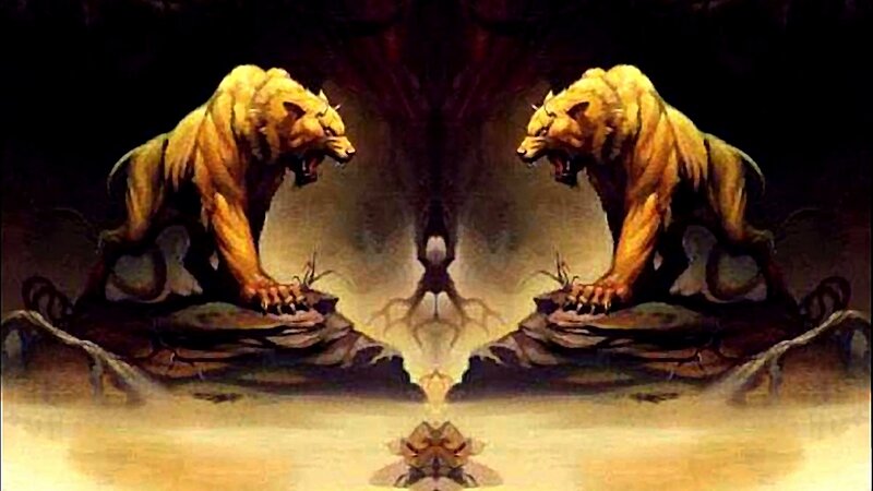 two roaring lions in mirror image